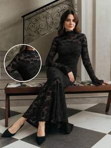 Anewsta Women's Bodycon Fishtail Hem Dress With Flare Sleeves, Black Lace Rose Ruffle Collar, Elegant And Stylish For Fall, Winter, Spring, New Year, Party, Wedding - Black - View 1