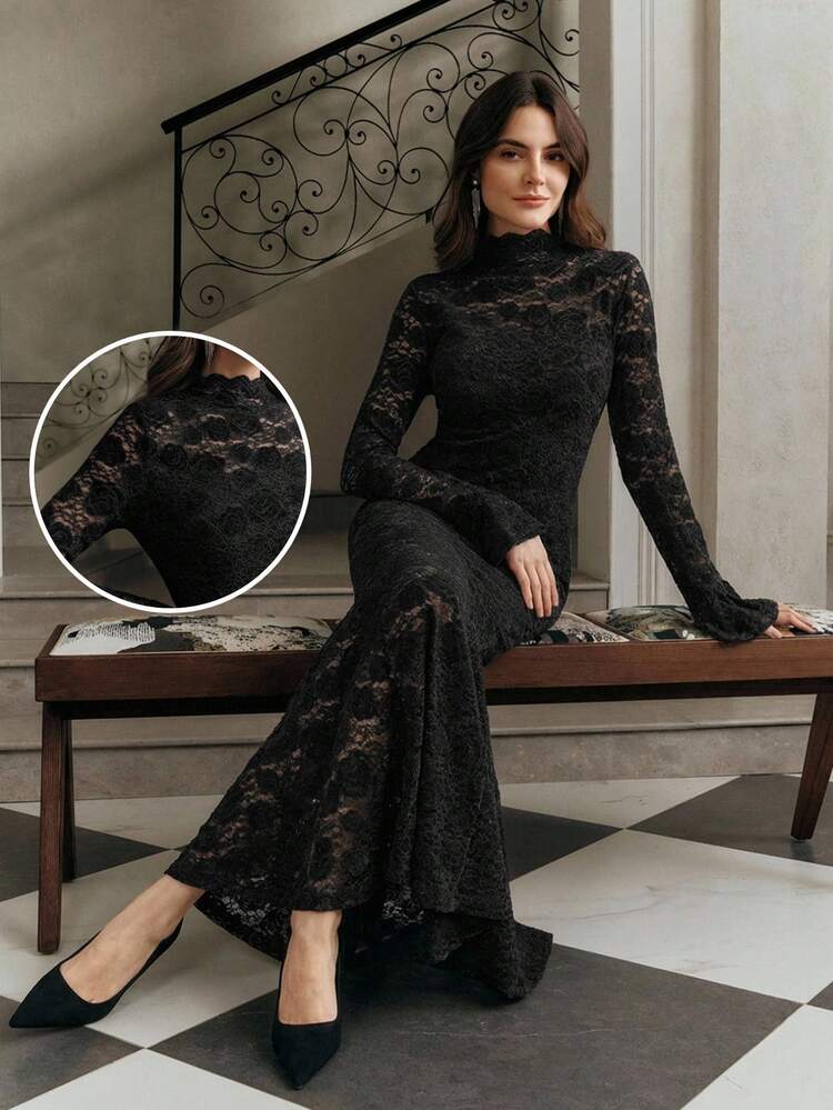 Women's Bodycon Fishtail Hem Dress With Flare Sleeves, Black Lace Rose Ruffle Collar, Elegant And Stylish For Fall, Winter, Spring, New Year, Party, Wedding