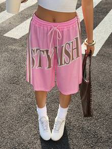 Muchica Women's Pink Mesh Letter Print Drawstring Waist Shorts - Pink - View 1
