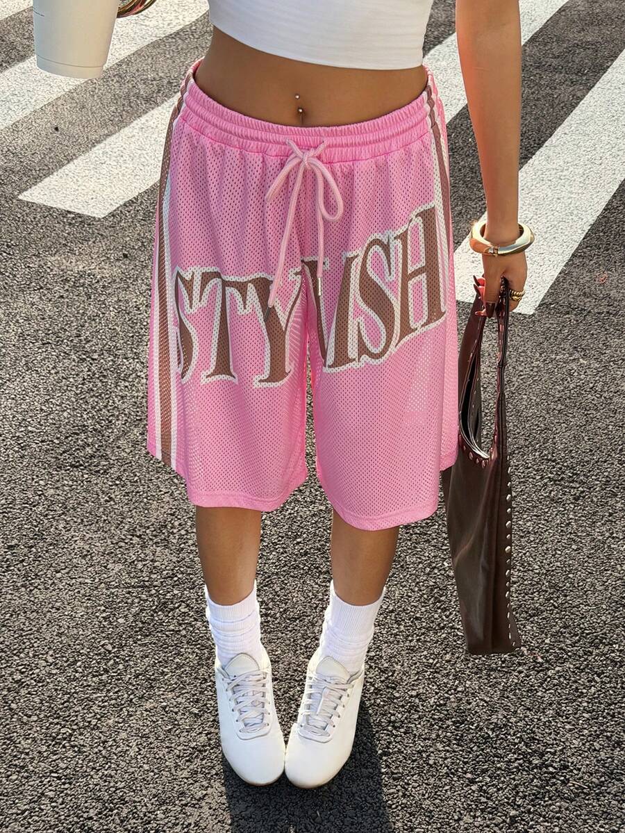 Muchica Women's Pink Mesh Letter Print Drawstring Waist Shorts - Pink - View 1