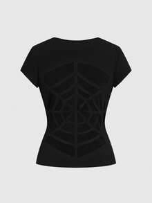 ROMWE Áo thun nữ dáng ôm, đa năng, họa tiết mạng nhện, khoét lưng, phong cách Gothic tối giản. - màu đen - Xem 1