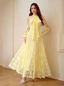 ZEYLAH Elegant Romantic Bow Decor A-Line Loose Long Dress, Spring/Summer - Light Yellow - View 6