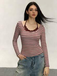 INAWLY Camiseta de Manga Longa com Listras e Renda em Contraste, Moda Outono Feminina - Multicolorido - Visão 1