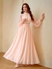 ZEYLAH Elegant Romantic Lace Patchwork Flare Sleeve Fitted A-Line Dress, Spring/Summer - Coral Pink - View 7