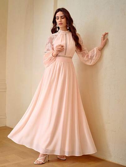 ZEYLAH Vestido ajustado de línea A con mangas acampanadas, parches de encaje y diseño elegante y romántico, para primavera/verano