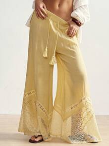 Bohemela Pantalones anchos de pierna ancha, sueltos y tejidos de unicolor para mujer - Amarillo - Ver 4