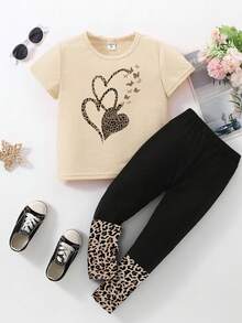 2 buc/set fete tinere casual elegant creativ personalizat proaspăt simplu drăguț desen animat cu dungi leopard inimă fluture model literă slogan imprimare tricou scurt de bază și colanți costum, purtare zilnică confortabilă, stiluri confortabile de vară și toamnă, potrivit pentru primăvară, vară, toamnă - Multicolor - Vizualizare 5
