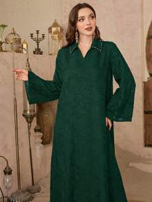 Al Najma Vestido elegante de estilo árabe con collar de malla y strass - Verde Oscuro - Ver 5