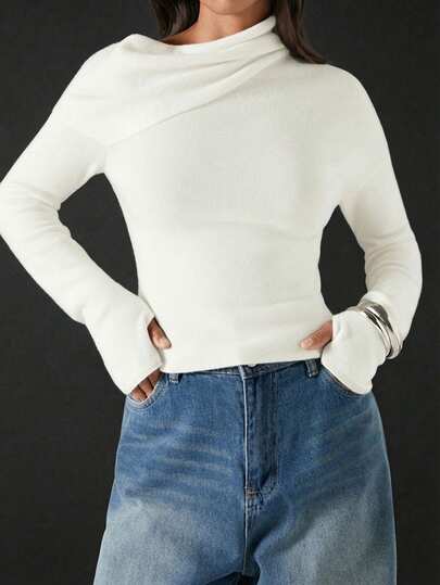 LYSMO 新款极简主义冬季女式纯色斜肩褶皱长袖修身时尚毛衣，秋冬高领上衣，米色毛衣