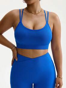 Rhythm Era Plus Size Women Seamless Criss-Cross Back Sports Bra, Fashionable Solid Color - Royal Blue - View 2
