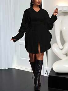 Veslaya 秋冬新款女装，音乐节万圣节服装，生日礼服，日常休闲，度假，邮轮旅行，海滩，日光浴，热门单品，白色长袖泡泡袖纯色通勤街头风鱼骨抽绳腰A字设计大码婚礼宾客礼服束身衬衫黑色灯笼袖衬衫 - 黑色 - 查看 9