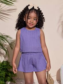 Young Girl Fashion Resort Round Neck Purple Shirt & Shorts Set - Mauve Purple - View 3