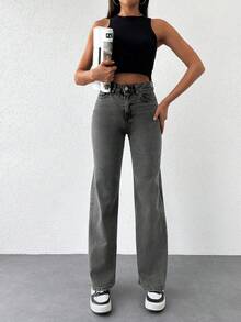 EURMUSE 100%Cotton Solid Slant Pocket Casual Straight Leg Jeans - Grey - View 3