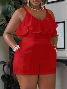 Slaydiva Plus Size Women's White Striped Textured V-Neck Ruffle Hem Sleeveless Romper - C - Red - View 2