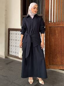 DAZY Bộ 2 món áo nữ cổ bẻ thắt eo và chân váy dài kiểu dáng thường ngày. - Màu xanh hải quân - Xem 3