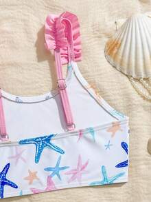 SHEIN Girls 2pcs/Set Tankinis Cute Starfish Pattern Sleeveless Swimwear,Ruffles Knit Fabric Bathing Suits For Summer,Beach,Family Vacation,Holiday Party - Multicolor - View 4