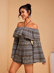 JIAN LASALA All-Over Print Woven Off-Shoulder Ruffled Neckline Flared Sleeves Halter Loose Romper Jumpsuits - Multicolor - View 3