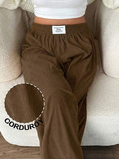 SHEIN EZwear Plus Size Women's High Waist Loose Wide Leg Pants, Corduroy Fabric With Pockets And Patch Design, Suitable For Campus, Daily Wear, And Indoor Work, Autumn/Winter Corduroy Pants Brown Corduroy Pants Comfy Comfy Lounge Pants New Year,Thanksgiving,Party,Wedding,Beach,Graduati,Chic,Elegant,Casual,Going Out,Date,Appointment,Commute