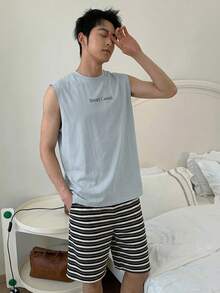 DAZY Bộ đồ ngủ mùa hè dành cho nam, gồm áo ba lỗ in chữ và quần short kẻ sọc. - Nhiều màu - Xem 4