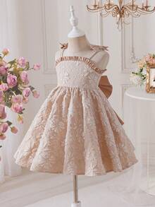 SHEIN Young Girl Sweet & Cute Jacquard Sleeveless Princess Dress - Khaki - View 10