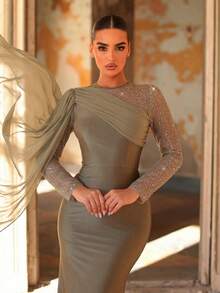 Aureia Elegant And Glamorous, This Dress Features A Muted Pinkish-Green Color, Sequined Lace, Stretch Knit, Chiffon, And Ruched Details. It Has A Round Neck Long Sleeves, Flowing Slits, And A Fishtail Train. Suitable For Formal Occasions, Evening Gowns, And Elaborate Evening Wear.,Wedding Guest Dress For Women, Valentine's Day - Green - View 2