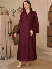 Al Najma Đầm lưới cổ đính đá kiểu Ả Rập thanh lịch. - Màu Đỏ Sâu - Xem 5