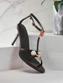 SHUZIA Women's Minimalist Elegant Ankle Strap Stiletto Heeled Sandals With Shell Ornaments - Chocolate Brown - View 8