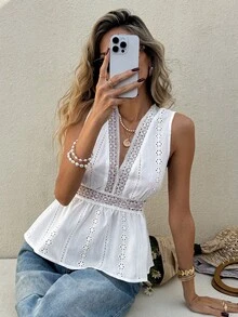 2026 Blusa sin mangas con bordado y espalda descubierta para vacaciones de verano de mujer - Negro - Ver 8