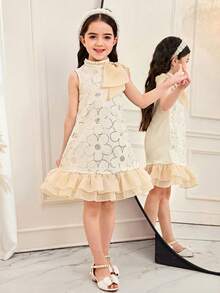 SHEIN Young Girl Elegant Big Bowknot Decor Ruffle Hem Sleeveless A-Line Lace Dress, Gorgeous Princess, - Champagne - View 5