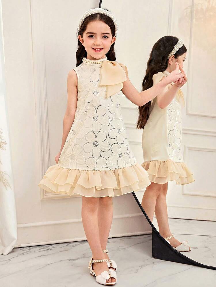 SHEIN رمضان فستان أنيق للفتاة الصغيرة مزين بفيونكة كبيرة وكشكشة على الذيل بدون أكمام على شكل حرف A مصنوع من الدانتيل، أميرة رائعة - لون شمبانيي - مشاهدة 5