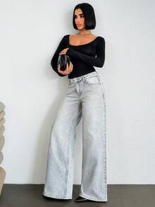 EURMUSE Women's Pocket Loose Wide Leg Casual Versatile Medium Wash Blue Jeans - Medium Wash - View 4