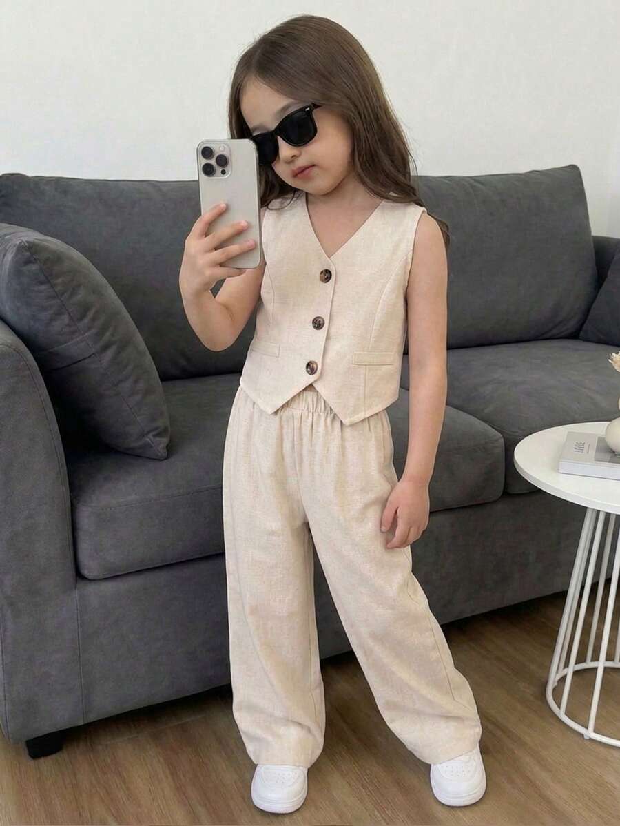 Firerie Kids 两件套女童杏色亚麻质感西装背心+宽松直筒裤，百搭通勤都市女孩时尚套装，可爱休闲日常装 - 杏色 - 查看 1