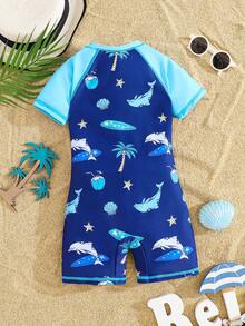 SHEIN Young Boys' Dinosaur Print Casual Vacation Romper Swimsuit - Blue - View 3
