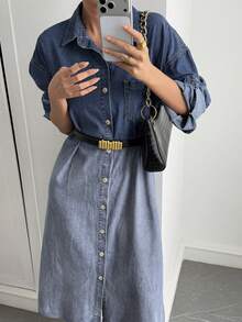 Livesso 女士休闲宽松渐变扎染直筒牛仔连衣裙，优雅百搭，适合办公室通勤、秋冬季节穿着 - 淺色水洗藍 - 查看 10