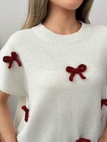 SHEIN Bow-Detail Round Neck Casual Cap Sleeve Knit Top - White - View 4