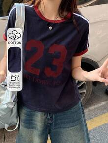 DAZY 女士撞色字母装饰修身休闲街头风运动短袖T恤 - 藏蓝色 - 查看 1