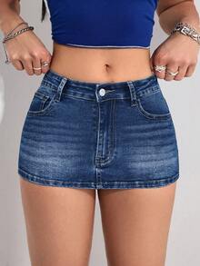 SHEIN PETITE 女士口袋紧身性感时尚牛仔迷你裙 - 深色水洗藍 - 查看 5