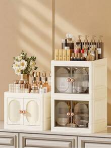 Foldable Makeup Organizer With Doors - Portable Desktop Storage Box For Cosmetics, Skincare, Multi-Layer & Collapsible - Multicolor - View 7