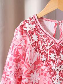 Tween Girls' V-Neck Floral Print Casual Loose Vacation Dress, Long Sleeve - Multicolor - View 7