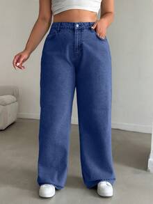 EURMUSE 100%Cotton HIGH RISE STRAIGHT CUT PLUS SZIE WOMEN JEAN - Dusty Blue - View 5