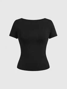 ROMWE Goth Sexy Backless Lace Patchwork Criss-Cross Tight Fit T-Shirt - Black - View 2