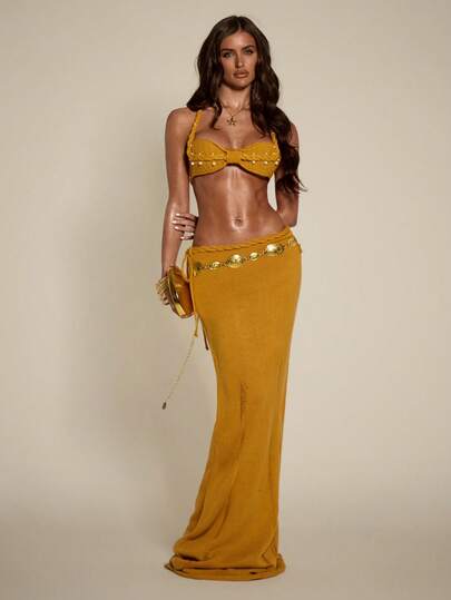 SHEIN BAE Women's Casual Vacation Faux Pearl Beaded Knit Top And Skirt Set,New Arrivals In 2026,  Beach Vacation Style.Vacation Outfits Women ,Summer Holiday Outfits,Elegant Dress Women ,Holiday ,Vacation .This Orange Knit Two-Piece Set With Pearl Embellishments Is Perfect For Beach Vacations, Dates, Casual Wear, And Holidays. Elegant And Sexy Like A Mermaid, This Knit Two-Piece Set Is The Ideal Choice For Beach Vacations, Seaside Trips, And Beach Dates.