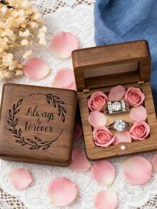 “永恒挚爱”胡桃木戒指盒，结婚订婚礼物，送给他的/她的礼物，小巧方形珠宝礼盒，周年纪念求婚纪念品 - 棕色-04 - 查看 3
