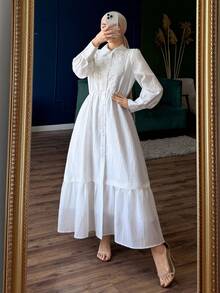 DAZY Robe chemise blanche à empiècement en dentelle, style mode décontractée et bureau, pour le printemps et l'été. Robe longue et ample, robe d'été pour femmes - Blanc - Voir 8