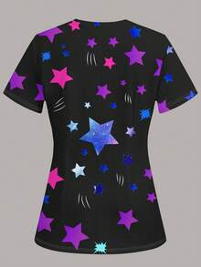 PopScrub Women's V-Neck Short Sleeve Pocket Scrub Uniform Top With Star Print - Multicolor - View 2