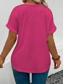 EMERY ROSE Women's V-Neck Flared Cuff, Ombre Heart Print Casual Versatile T-Shirt, Spring/Summer - Hot Pink - View 2