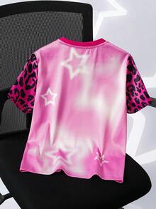 SHEIN Trolls Tween Girls' V-Neck Cartoon & Leopard Print Short Sleeve T-Shirt - Pink - View 2