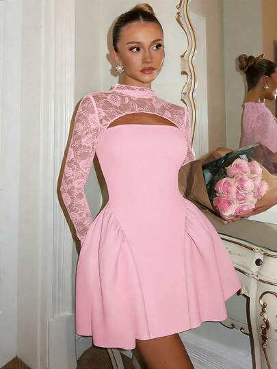 Glamine Charm Vestido de punto con diseño de encaje negro minimalista y de moda, con parches y calados, adecuado para fiestas, reuniones con hermanas, fiestas de noche y citas de San Valentín con tu pareja