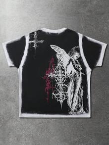 ROMWE MEN Áo thun nam tay ngắn phong cách đường phố punk, họa tiết chữ thập và khẩu hiệu, chất liệu vải mài, thích hợp cho mùa hè. - màu đen - Xem 5