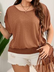 EMERY ROSE 加大码彩色复活节T恤，宽松圆领休闲T恤，下摆收紧，适合度假/休闲穿着，夏季大码女装，情人节服装，情人节加大码锈棕色上衣，蝙蝠袖上衣，加大码针织T恤，大地色系上衣，咖啡棕色上衣，加大码纯色T恤，宽松女式上衣，宽松上衣，夏季女式上衣，女士休闲装，女士衬衫，休闲优雅 - 鏽棕色 - 查看 4